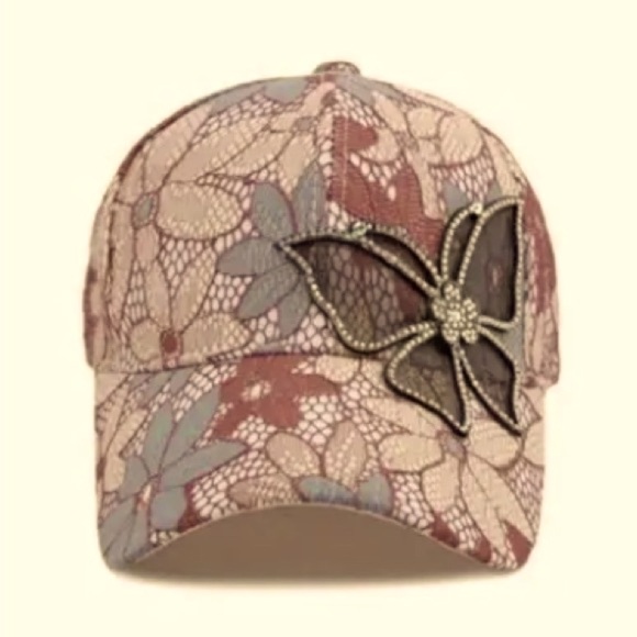 Butterfly on Pinkish Brown & Blue Lace Baseball Cap - Picture 3 of 9